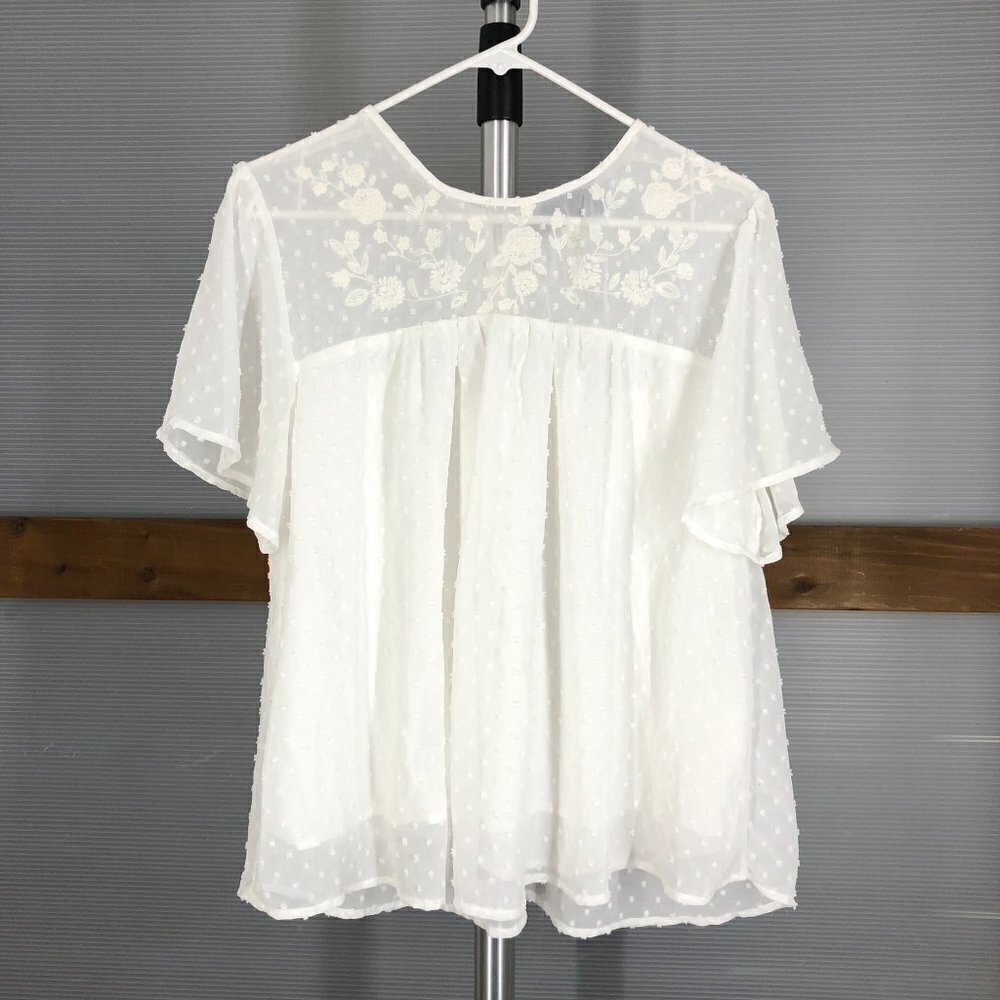 BLUE RAIN  White Emboridered Textured  Flowy Lightly‎ Sheer S/S Blouse Sz L